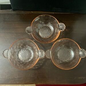 Set of 3 Vintage Thumbprint Pink Depression Glass Berry / Dessert Bowls